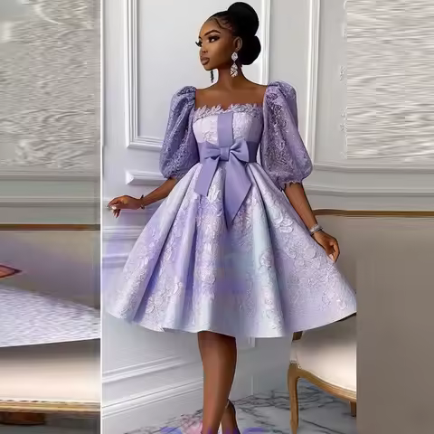 Lavender Lace Prom Dress Square Neckline Puffy Sleeve A Line Evening Gowns Knee Length Girls Cocktail Party Dress
