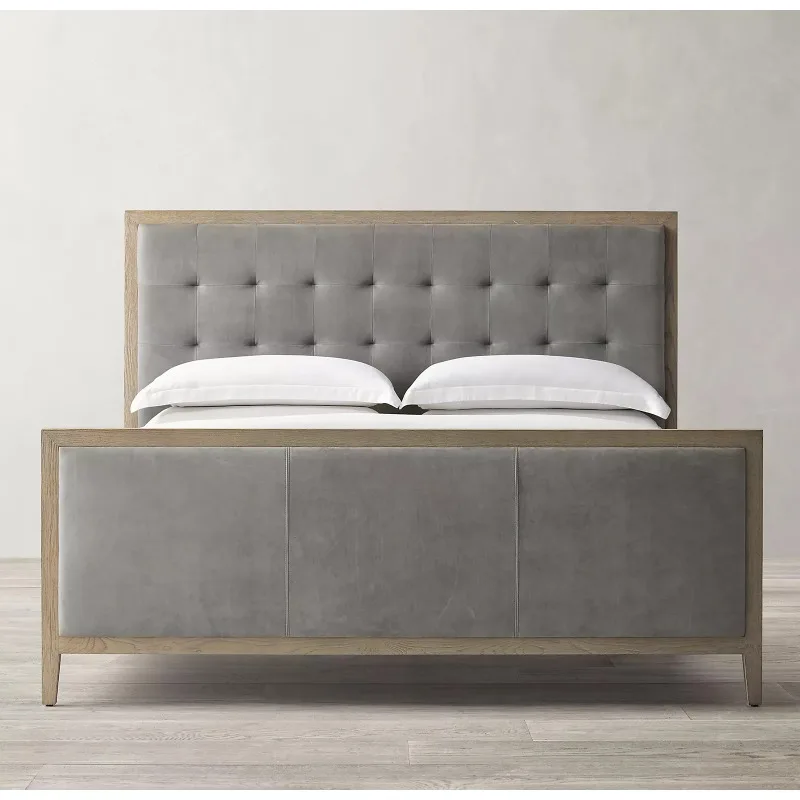 Retro oak linen fabric soft bag bed Italian style first layer cowhide double bed
