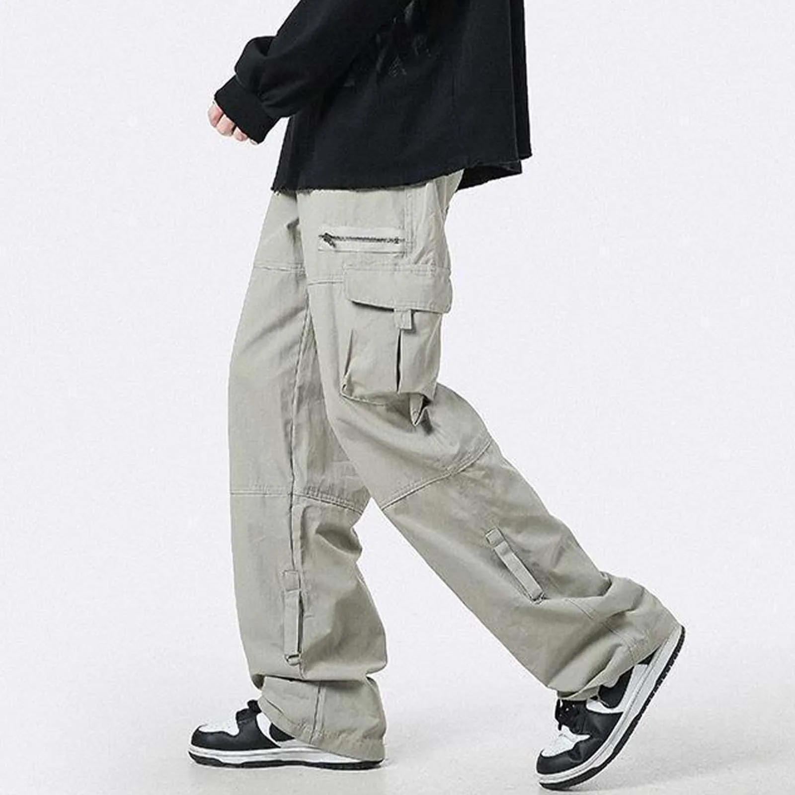 

Mens Cargo Pants Solid Loose Multi Functional Wear-resistant Pockets Wide Leg Straight Casual Trouser Fashion Hip Hop Streetwear