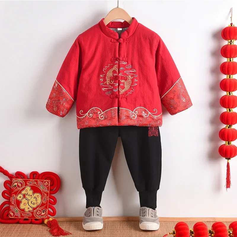 

Детский костюм Тан, утепленный топ в китайском стиле, брюки для мальчиков и девочек, двойная рыбка с вышивкой, благоприятный новогодний восточный традиционный костюм