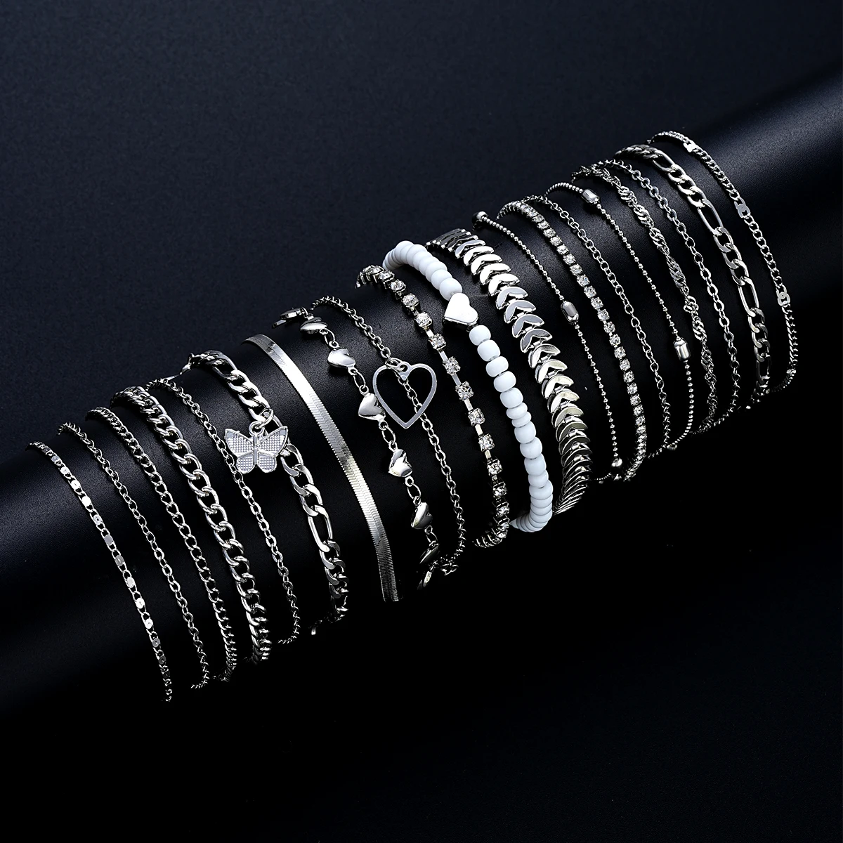 20 قطعة فضية اللون بوهو شيك فراشة حبة خلخال مجموعة للنساء تكويم كريستال القلب الخلخال الصيف الشاطئ مجوهرات الأزياء