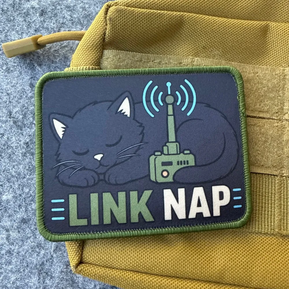 Link Nap Black Cat Radio Tactical Patch Hook and Loop Rectangle Badge Armband Funny Patches for Backpack