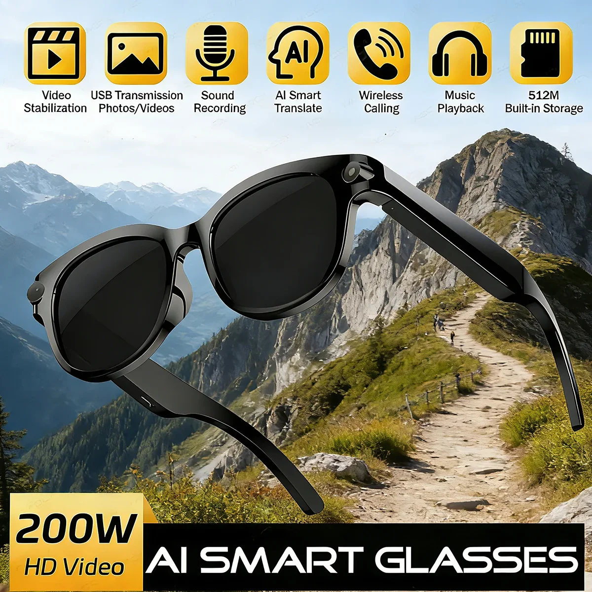 AI Sunglasses Smart Translation Glasses with Camera Bluetooth Call Multifunctional Audio Video Music Player for On-the-Go Entert