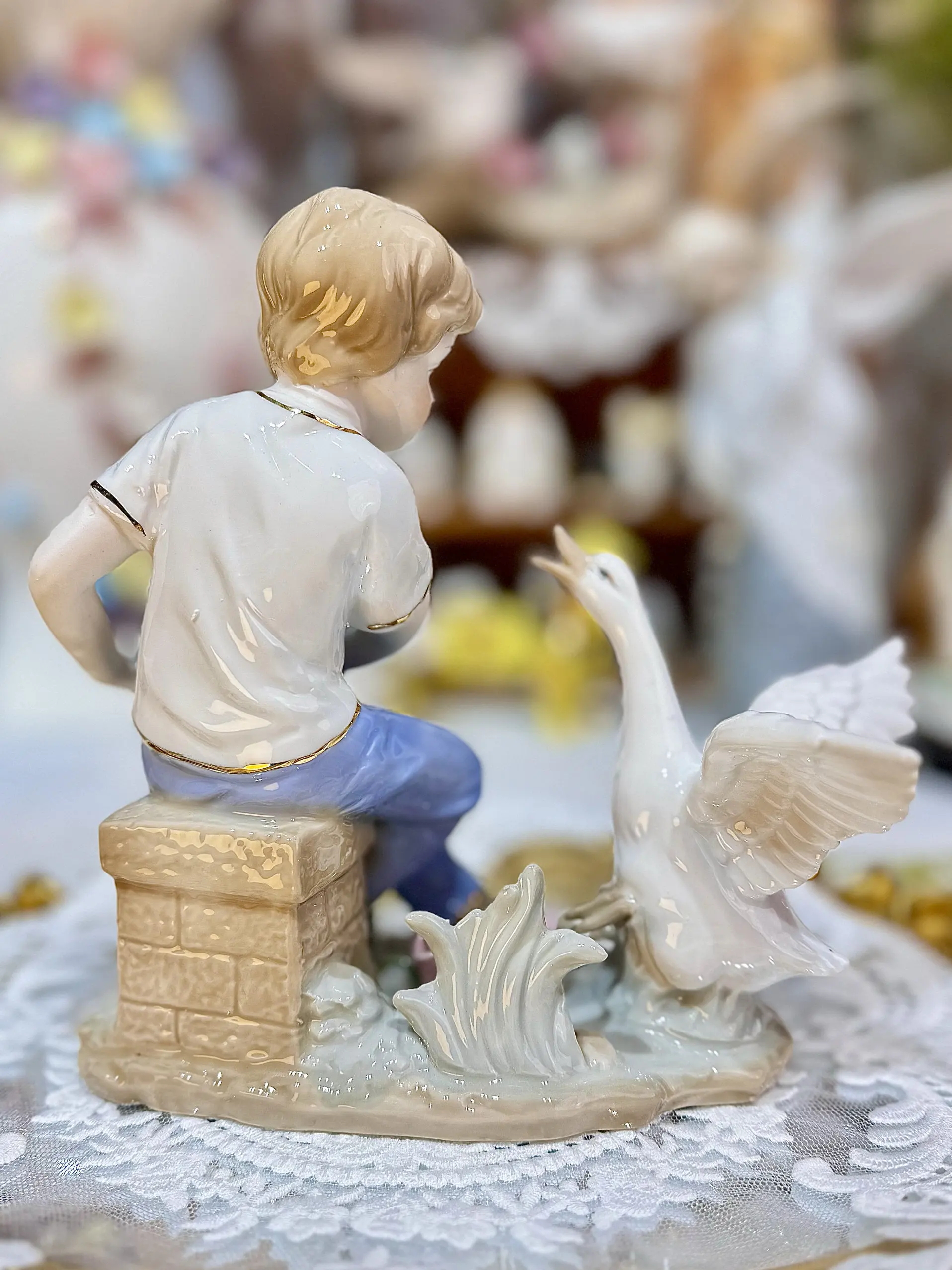 European Vintage Porcelain Boy Figurine with Duck & Ducklings Ceramic Character Statue Home Living Room Decorative Ornament Gift view 5