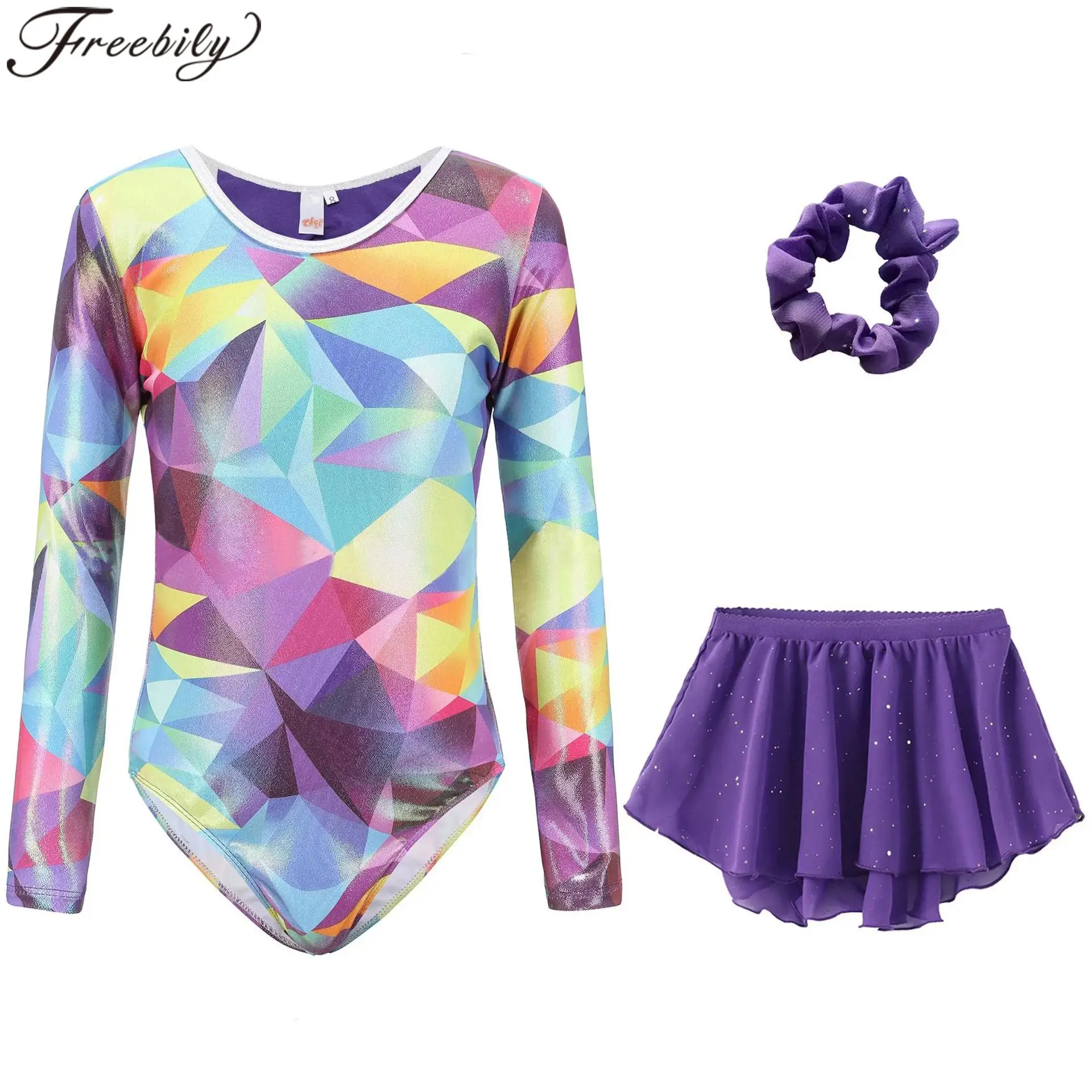 子供フィギュアスケートジャンプスーツ長袖ダンスウェアセット子供プリントバレエ衣装女の子体操レオタードボディスーツ