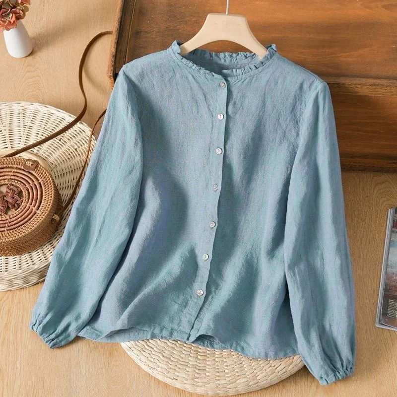 

Spring Autumn Cotton Linen Casual Long Sleeve Ruffle Collar Women's Shirt Skin-friendly Versatile Slimming Base Shirt