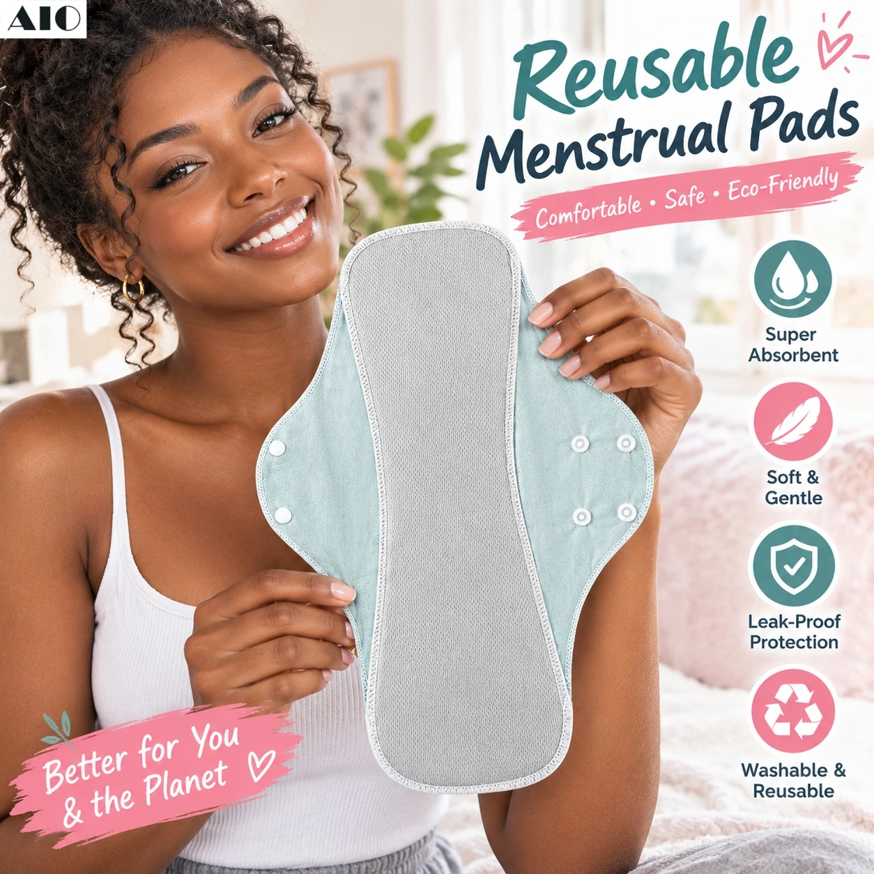 AIO Reusable Cloth Sanitary Pads for Women, Washable Menstrual Pads, Soft Breathable Absorbent Feminine Hygiene Pads 2Pcs