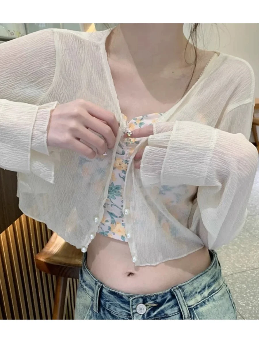 

Летний кардиган Ele из ледяного шелка, вязаный, женский, модный, шифоновый, открытый, с топом-жилеткой на бретельках, тонкая накидка-вуаль