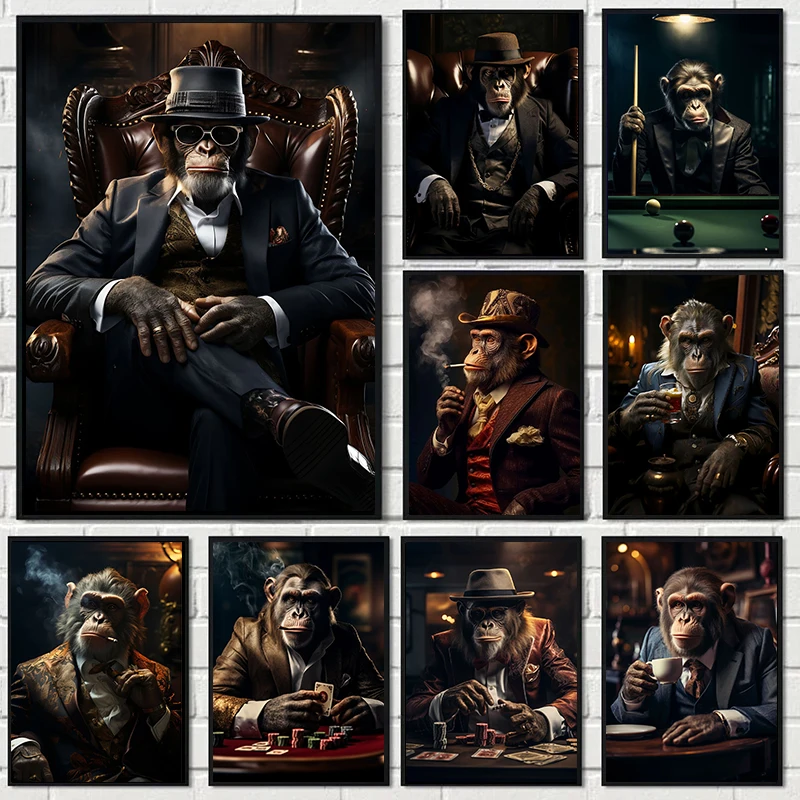 Vintage Gangster Billiards Animal Monkey Smoke Portrait Posters and Prints Canvas Painting Wall Art Pictures Home Room Decor