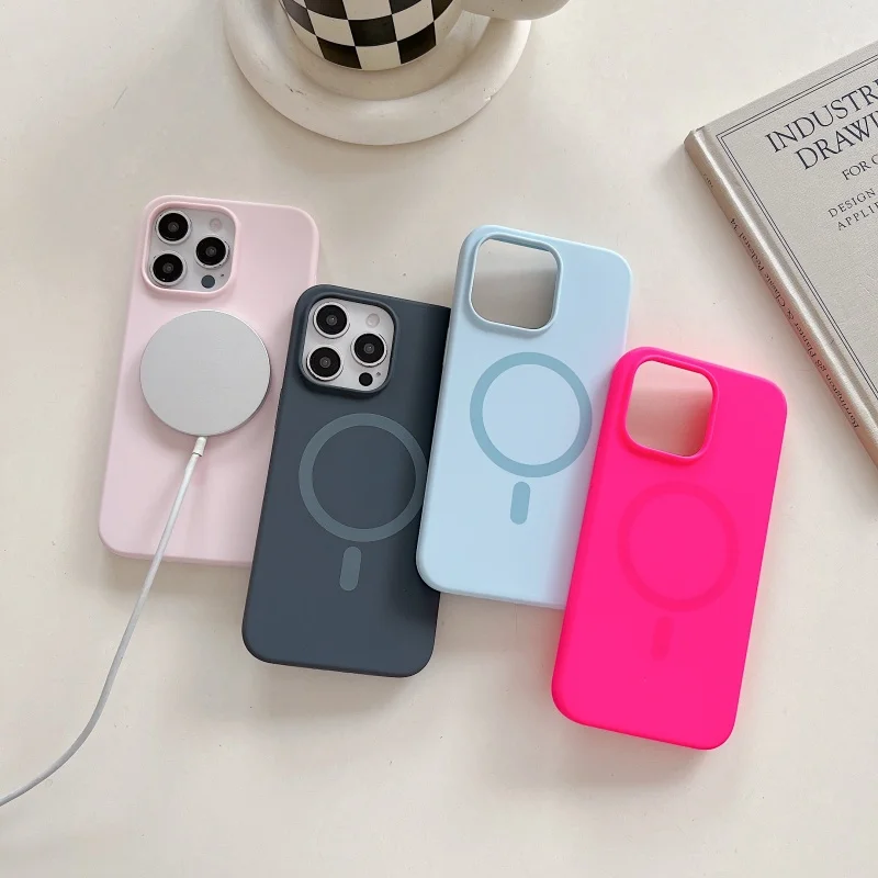 حافظة فاخرة من السيليكون السائل الفلوريسنت المغناطيسي لهاتف Magsafe لهاتف iPhone 16 15 14 13 12 Pro Max Plus غطاء شحن لاسلكي
