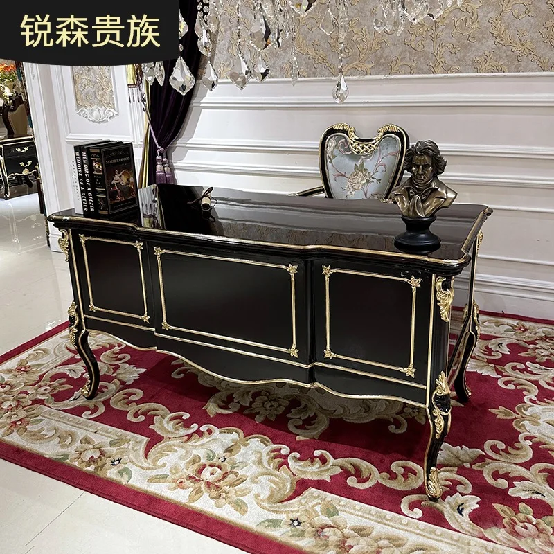 French desk, European desk combination computer desk gray storage study solid wood carving flower