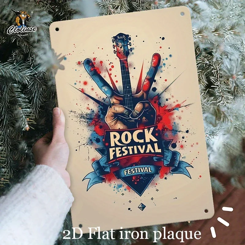 Rock Festival Style Metal Sign -  Iron Wall Art with Guitar & Hand Gesture Design, Splatter Floral Elements, Perfect for Home, O