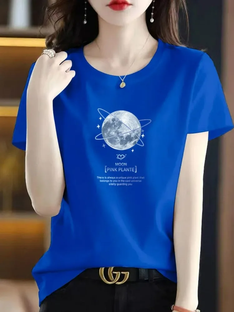 ルーズコットン-tシャツ女性のラウンドネック半袖クラインブループリント夏のファッション新スタイル韓国語版多用途ネクタイ