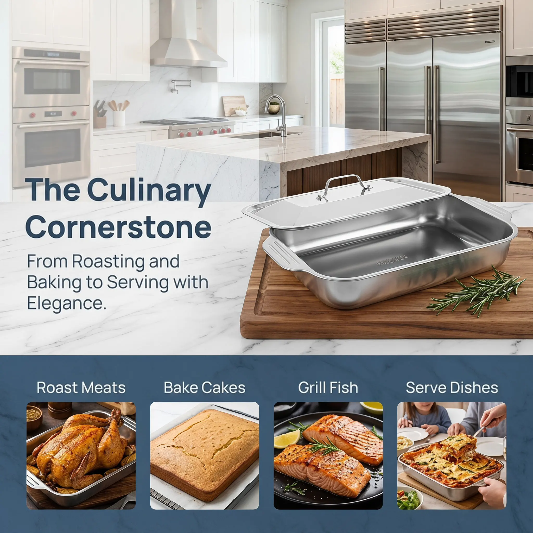 1Set Stainless Steel Deep Rectangular Roasting Tray Heavy Duty Baking Pan for Fish Turkey Meats Vegetables Oven Cooking