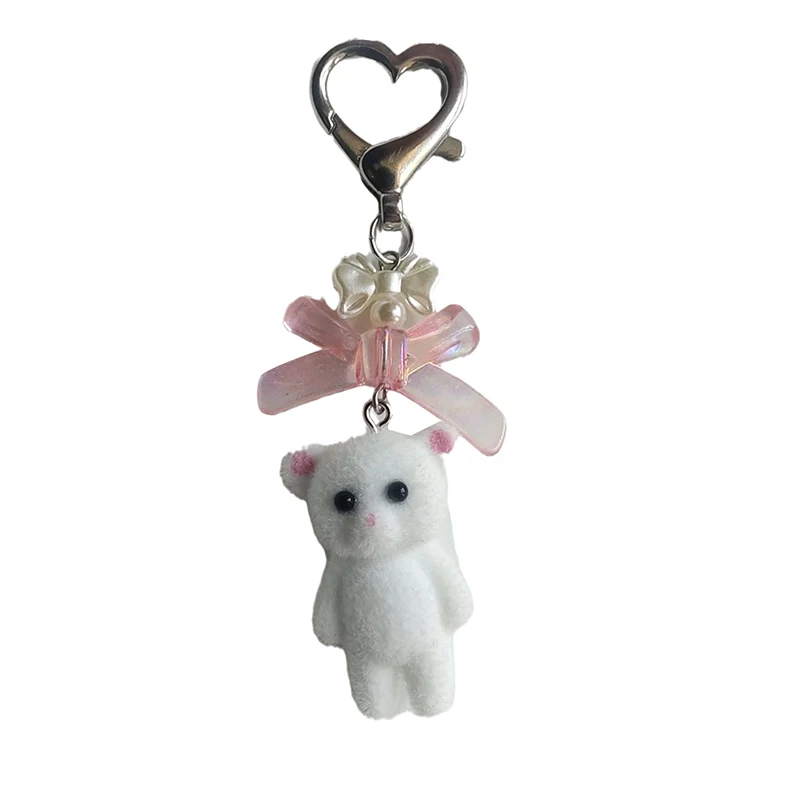 Kawaii 3D Flocking Cat Keychain Cute Cartoon Bowknot Bear Keyring Backpack Pendant Bag Hanging Decoration For Girls Gift