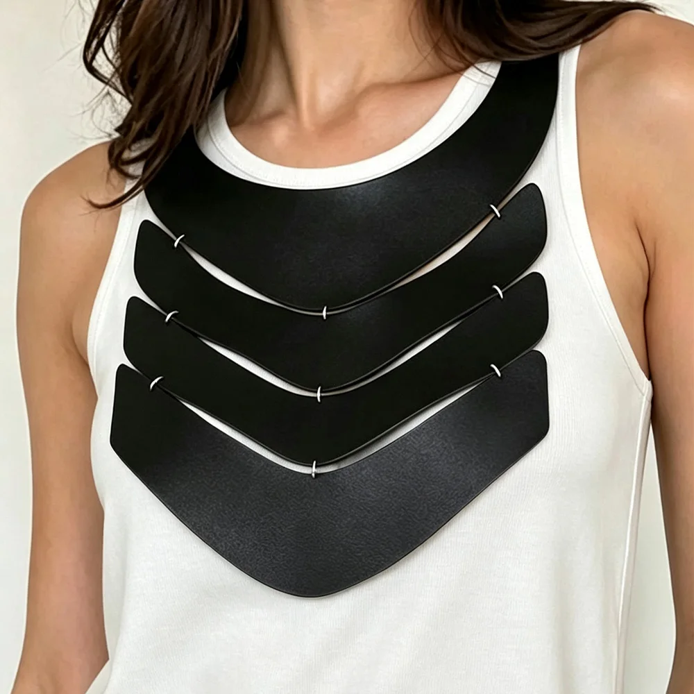 Marliwoo Women PU Leather Multi‑Layer V‑Shape Statement Necklace Spliced Design For Evening Club Street Matching