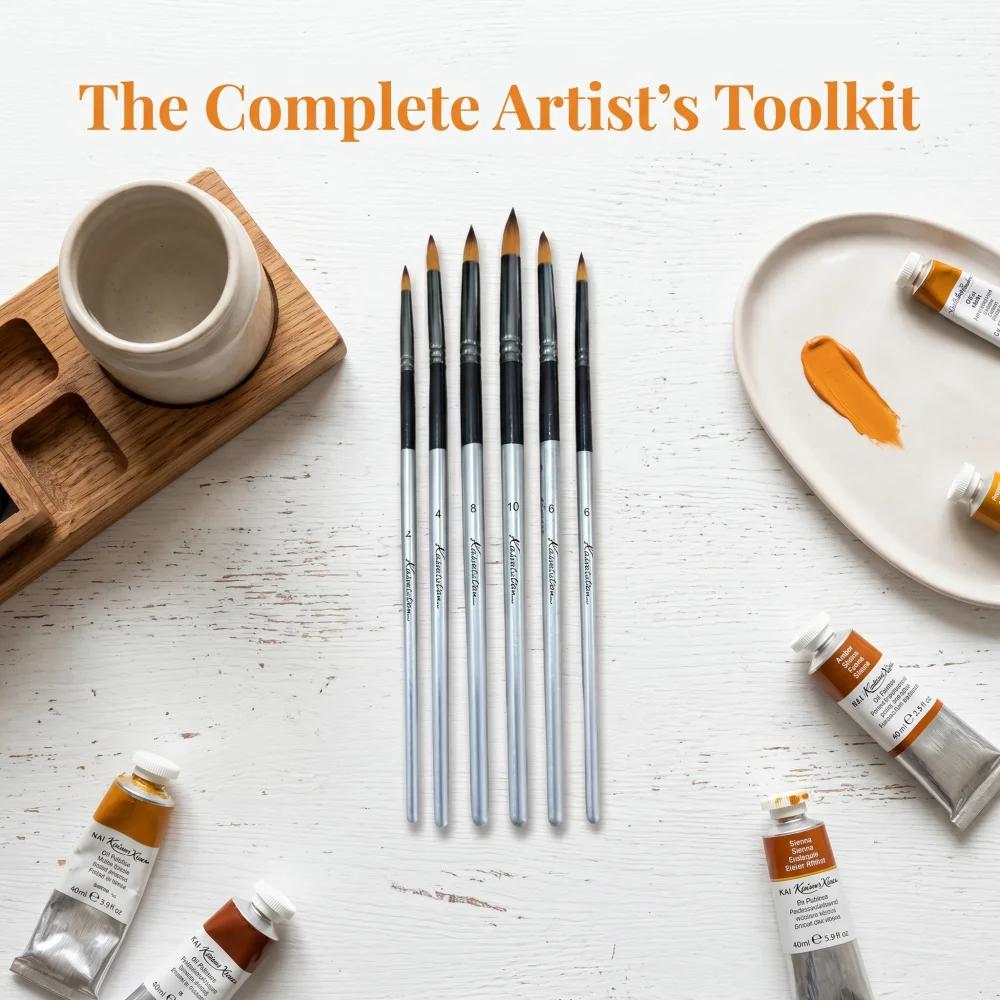 6Pcs Nylon Artist Paint Brushes, Flat/Angled/Pointed/Round Tips, Silver Handle for Oil Acrylic Gouache