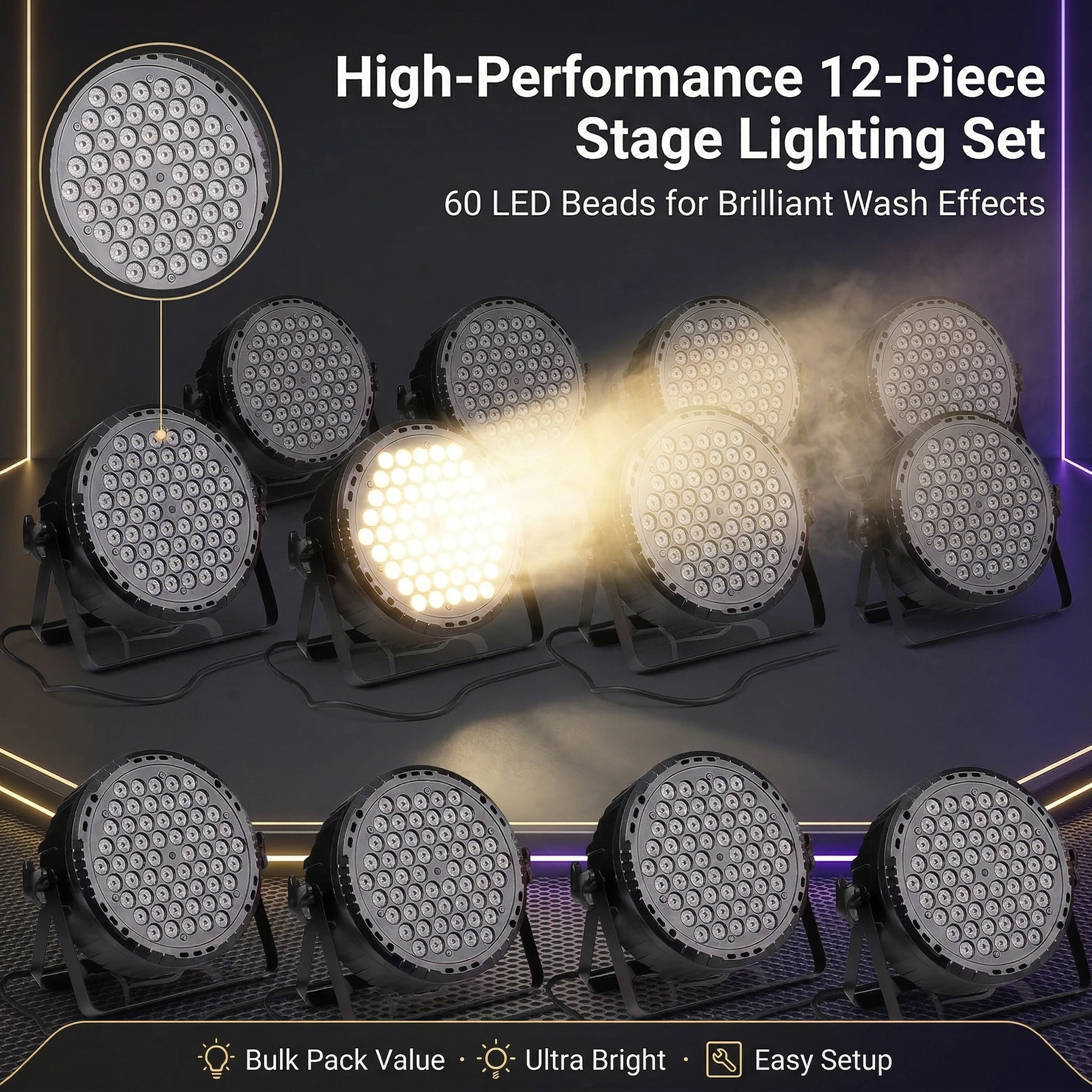 Lot de 12 projecteurs de scène miniatures à 60 LED, DMX 512, contrôlés par la voix, pour DJ, soirées disco, éclairage d'ambiance de Noël et de club, lampe de vacances