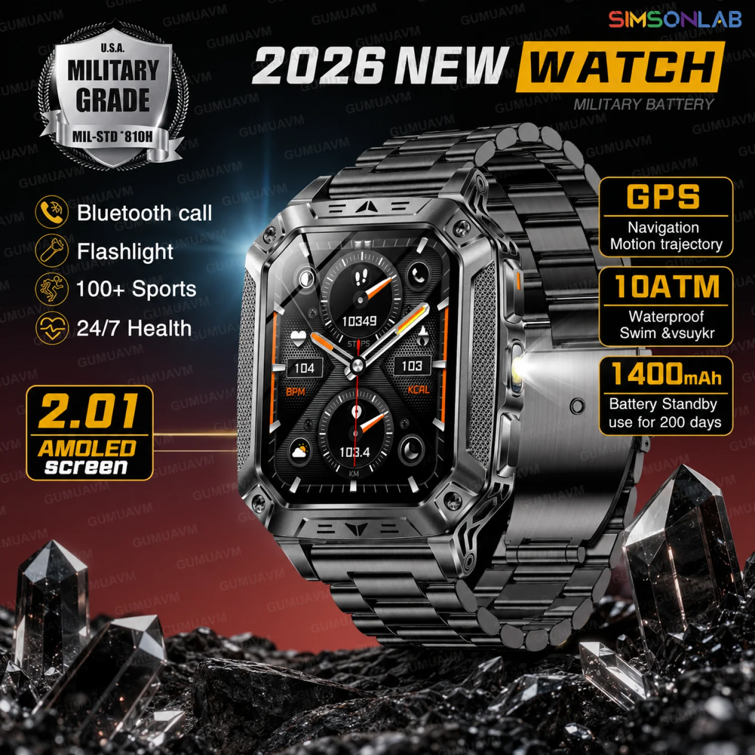 2026 New WATCH 1400mAh Military GPS Smart Watch 2.01" AMOLED