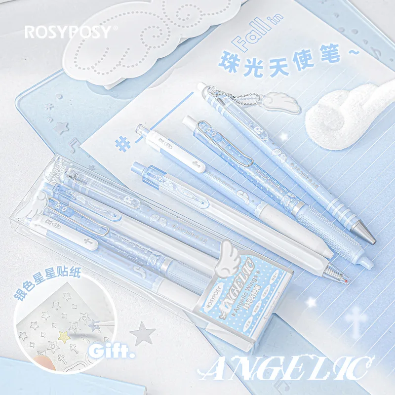 

4pcs/set Pearl Angel Gel Pen Set Kids Kawaii Cartoon Wing Design 0.5mm Black Ink Cute Exam Pens Student Office School Supplies