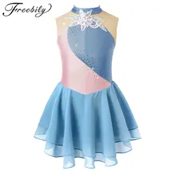 Figure Ice Skating Dress Kids Girls Sequins Floral Ballet Dance Gymnastics Leotard Dancewear Lyrical Competition Stage Costume