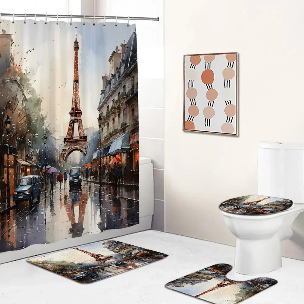 Eiffel Tower Oil Painting Shower Curtain Set Paris Cityscape City Scenery Bathroom Decor Modern Bath Rug Mat Toilet Lid Cover