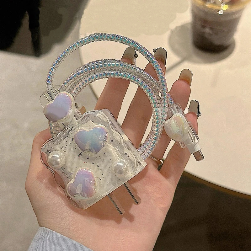 

Transparent Shining heart Cellphone Charger Protective Case Sleeve for Apple IPhone 20W Laser Cable Winder Wire Protectors