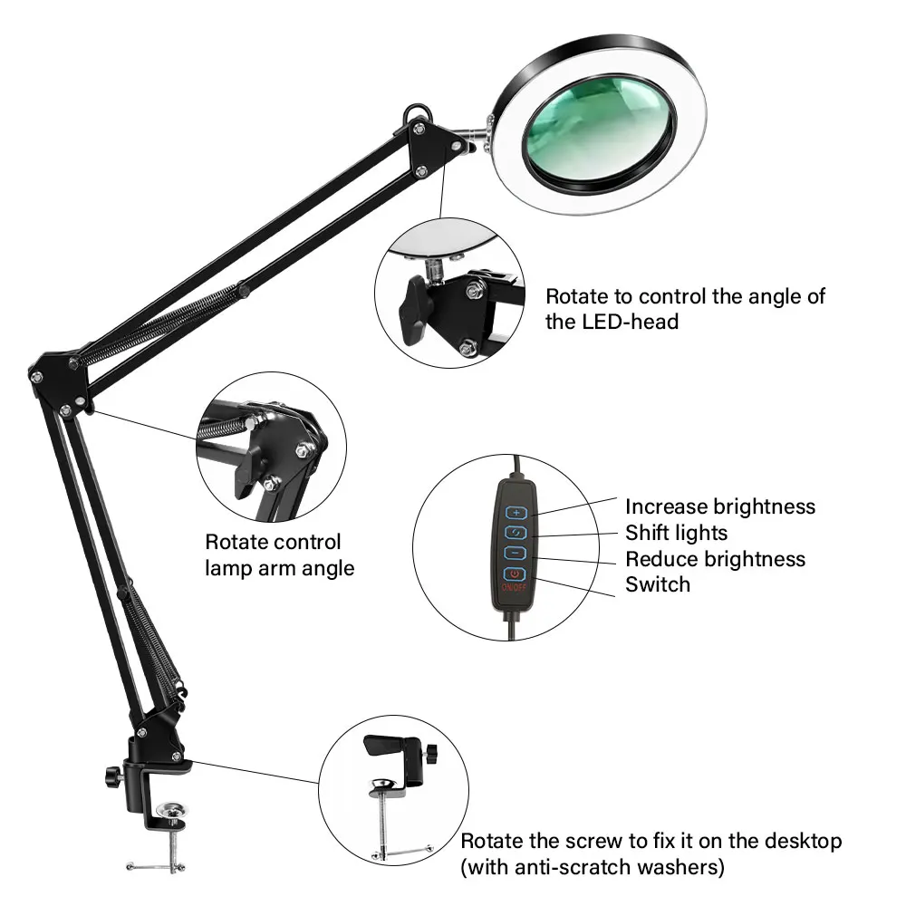 Lupe mit Licht, 3-Farben-Modus, stufenlos dimmbar, Klemmlupe, verstellbarer Schwenkarm, LED-Schreibtischlampe für Arbeiten in der Nähe