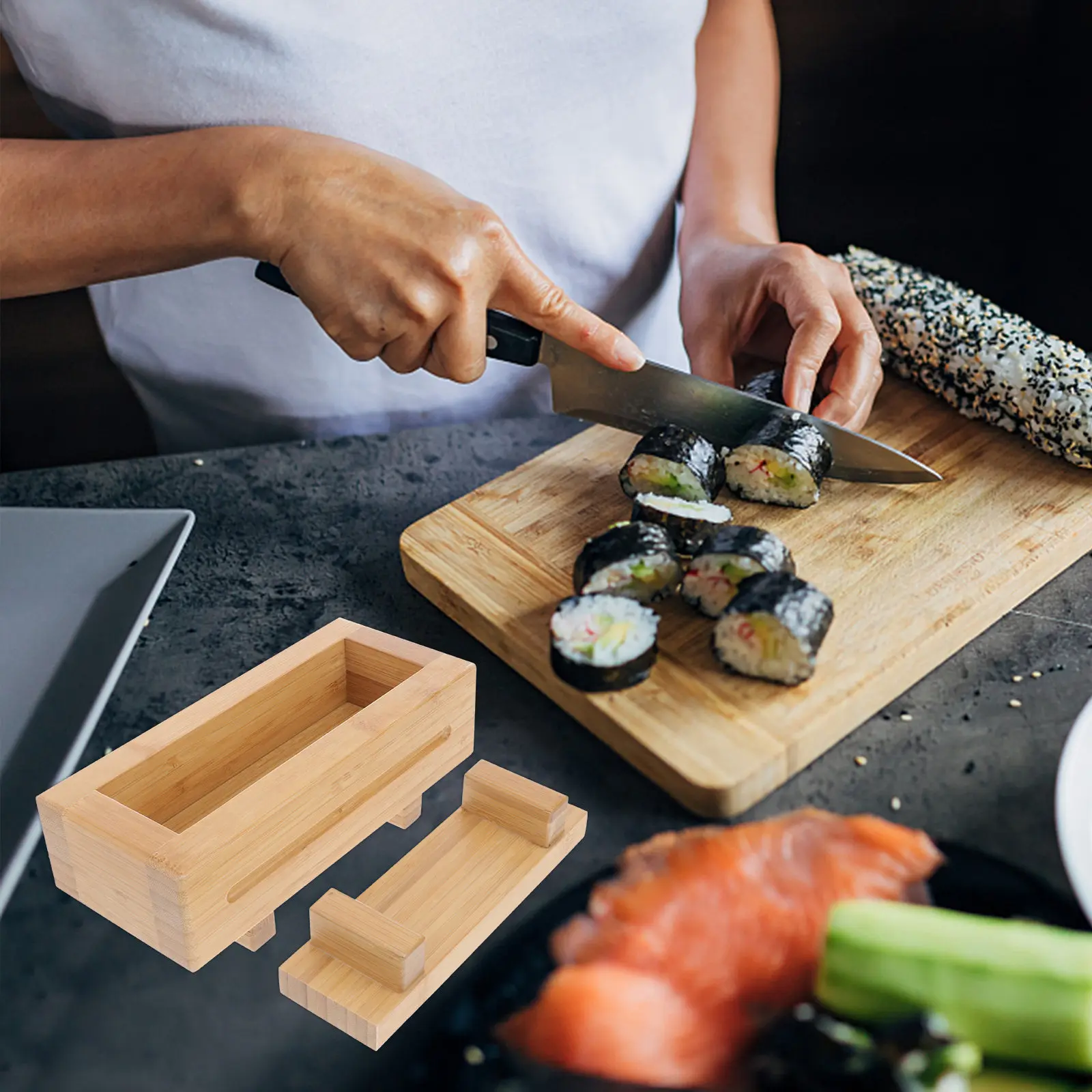 Eco Friendly Bamboo Sushi Mold Kit Rectangular Press Roller for Homemade Sushi Fudge Rolls Cake Biscuits Beginner Friendly