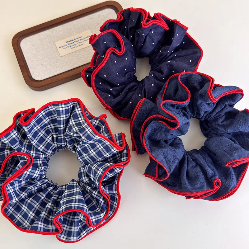 Retro Dark Blue Plaid Polka Dots Double Layer Hair Rope Headbands Women Girls Sweet Romance Tie Horsetail Rubber Bands Headdress