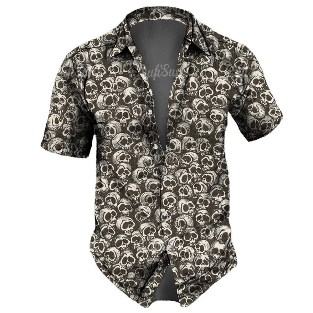 2023 Skull Men\'s Shirts Lapel Streetwear Vintage Shirt For Men Street Hip Hop Short Sleeve Top Party Summer Men Hawaiian Shirts