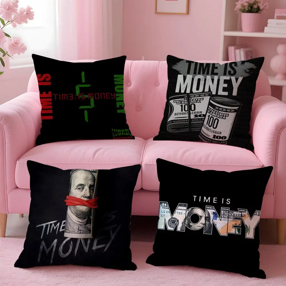 Slogan T-Time is Money Cushion Cover Breathable Linen Pillowcase Summer Odorless Eco-Friendly Invisible Zipper Washable