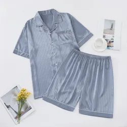 Summer new men's cool ice silk jacquard pajama two-piece set