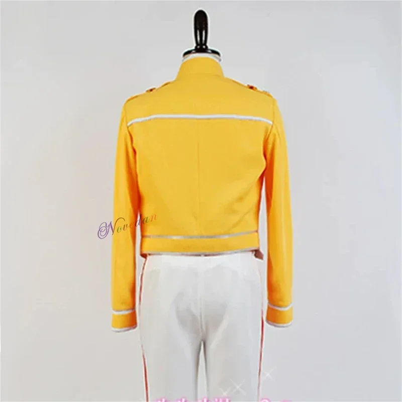 Cos Queen 리드 보컬 프레디 머큐리 코스프레 코스튬, DJ 가수 볼룸 댄스 무대, 노란색 재킷 코트, 셔츠 바지 전체 복장