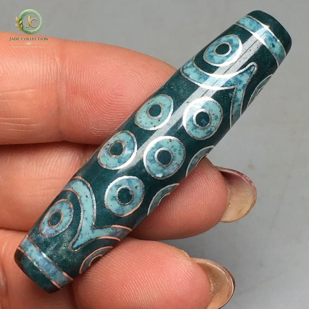 Tibetan Cinnabar Old Agate DZi Inlaid Silver Wire 21 Eyes Bead Amulet 58mm S0414