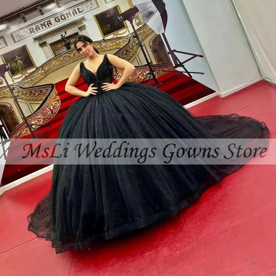 Vestidos de baile negros brillantes para quinceañera, vestidos de lentejuelas sin mangas con cuentas de lujo para graduación y Graduación