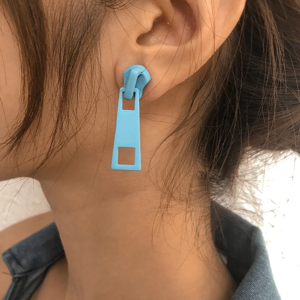 Y2K Zipper Ear Studs Candy Color Metal  Hypoallergenic Alloy Punk Revival Earrings Non Symmetric Drop  Fashion Artcore Gift
