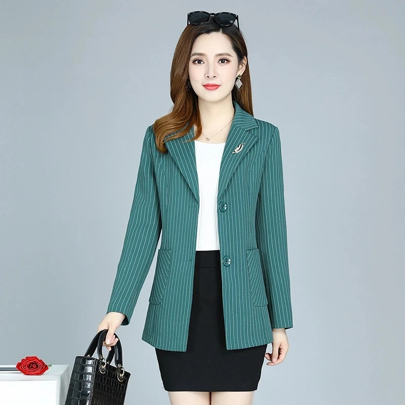 Middle Aged Mother\'s Blazers Coat Spring Autumn Casual Suits Collar Stripe Suits Jacket Fashion High Quality Short Blazer Tops