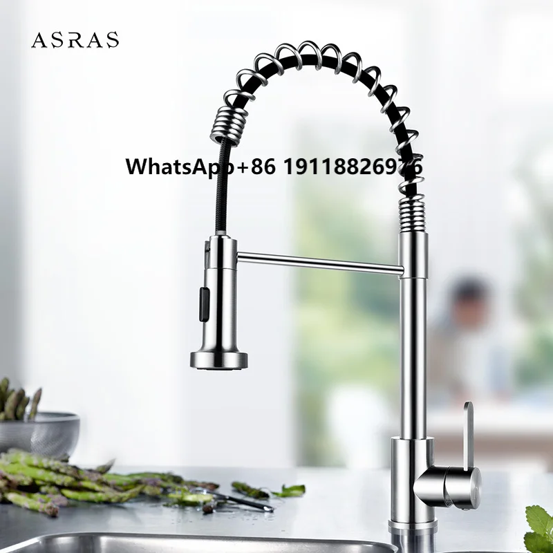 

Смеситель Asras из нержавеющей стали 304, смеситель для горячей и холодной воды, кухонный смеситель, выдвижной, с твердой пружиной, распылитель с одной ручкой 110