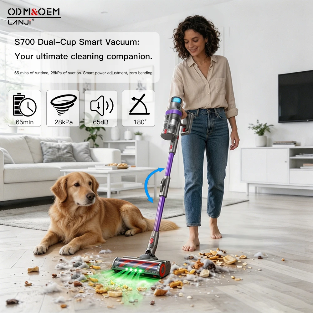 S700 OEM 8-in-1 Intelligenter Kabelloser Staubsauger 570W Bürstenloser Motor Beutellos Aufrecht Haushaltsbodenpflege Trockenfunktion Staubsauger