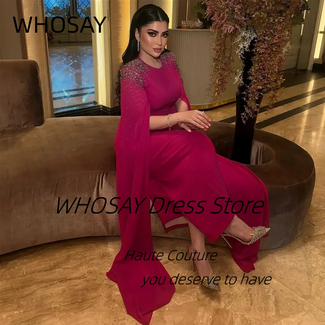 

WHOSAY Customized Saudi Arabia Evening Party Dresses O-Neck Beaded Long Sleeves Prom Dress Zipper Back Robe Des Soiree