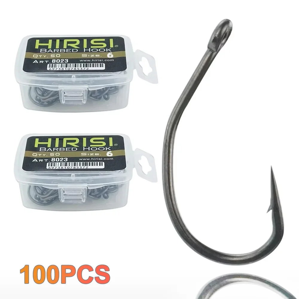 Hirisi 100 Stück Angelhaken mit Widerhaken, PTFE-beschichteter Angelanschluss aus Kohlenstoffstahl, hochwertiges Angelzubehör 8023