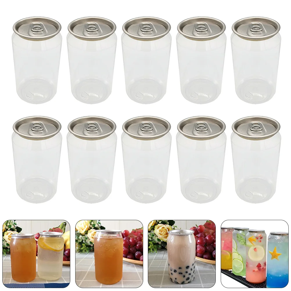 10 Pcs Canned Milk Tea PET Bottles Food Containers with Lids Dessert Storage Packaging Cover Empty Drink