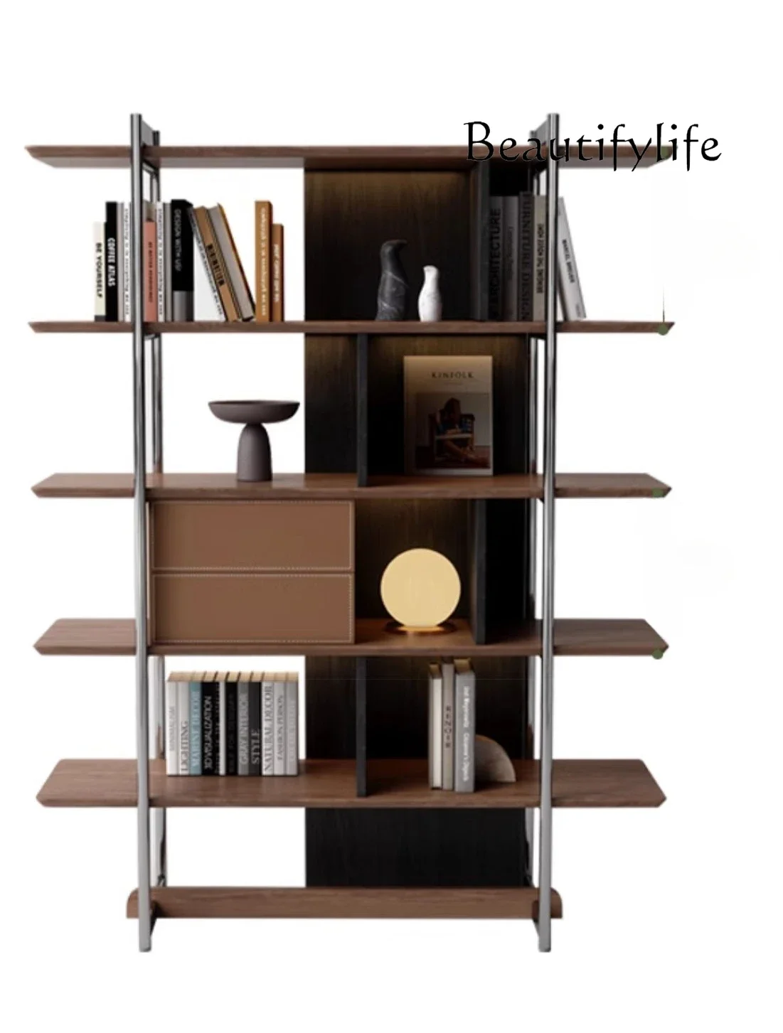 Modern light luxury solid wood bookshelf Italian minimalist storage study creative storage high-grade stainless steel  stand