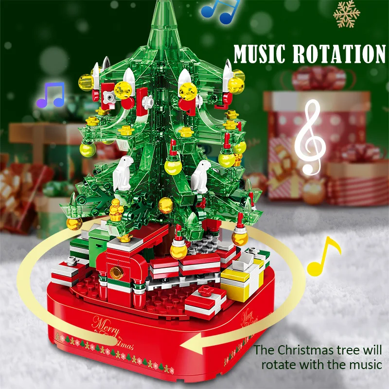 Rotating Christmas Tree Music Box Assembled Building Blocks LED Light Merry Xmas Bricks Gift for Children Kid Girl Boys