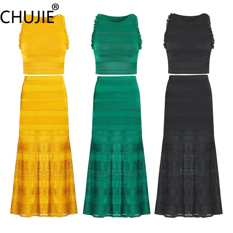 

CHUJIE 2025 French Elegant Sleeveless Knit Set, Cropped Top & Midi Skirt, Premium Quality Summer 2-Piece Set Outfit
