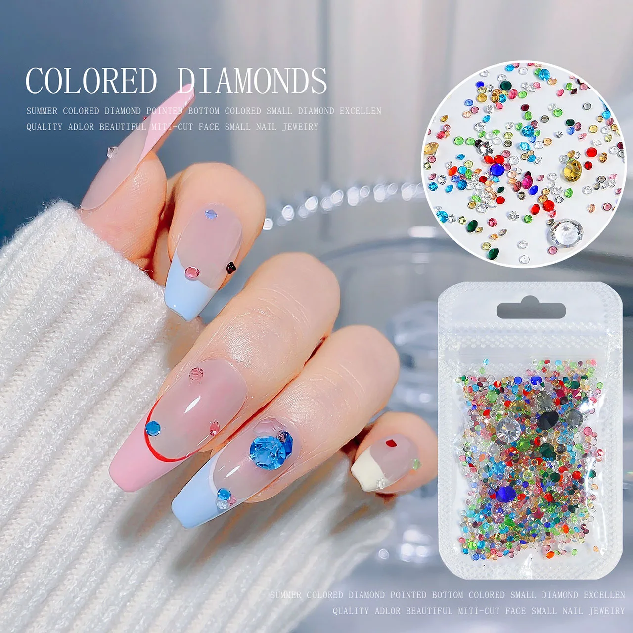 Mixed Size Multicolor Nail Rhinestones PointedBack Shiny Crystal Gems for 3D Nail Art DIY Manicure Phone Decoration