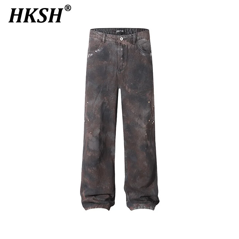 

HKSH Summer New Men's Tide Dark High Street Tie-Dye Washed Jeans Retro Casual Loose Hip-Hop Baggy Chic Design Denim Pants HK6223