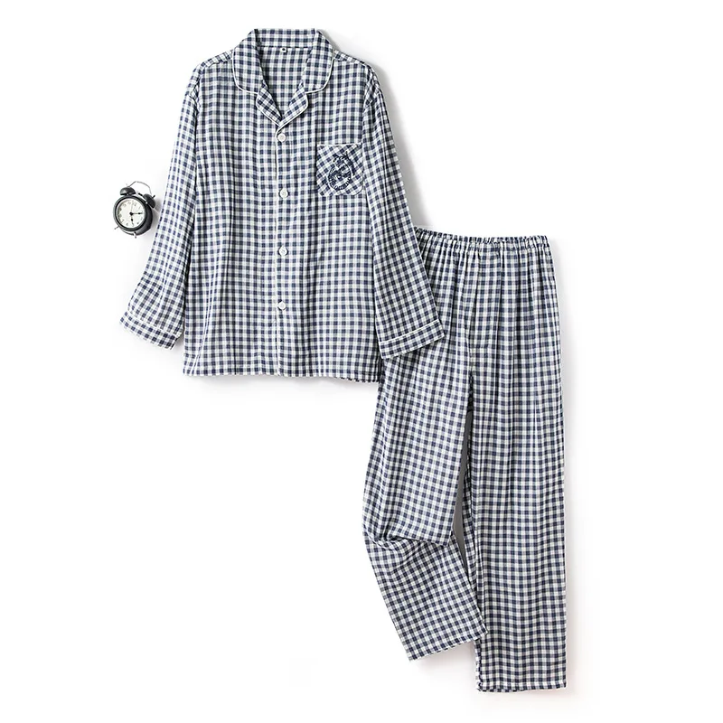 Pajama Set For Women Cotton Home Pajamas Men Comfortable Lapel Cardigan Pant Suit Plaid Sleepwear Night Clothing Pijamas Mujer