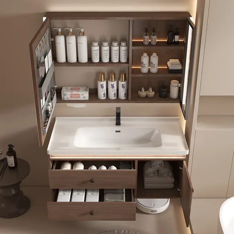 Black Walnut Bathroom Vanity Cabinet with Ceramic Integrated Basin Simple Modern Style Sanitary Ware Combo for Guest Bath